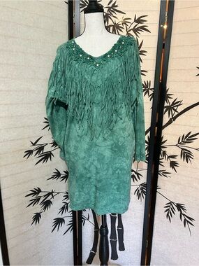 Boos Western Top Vintage 80's Sage Green Tie Dye Boho Fringe Neck One size LS